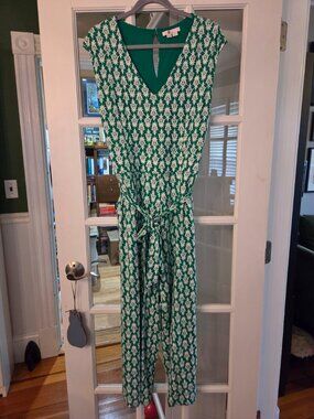 Boden Green & White Printed V-Neck Tie-Waist Jumpsuit